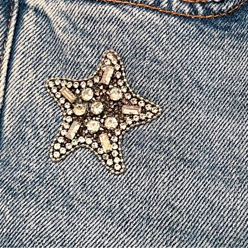 NWT Maje Pagody Crystal Embellished Straight Leg Stretch Denim Button Fly Jeans - Picture 5 of 16
